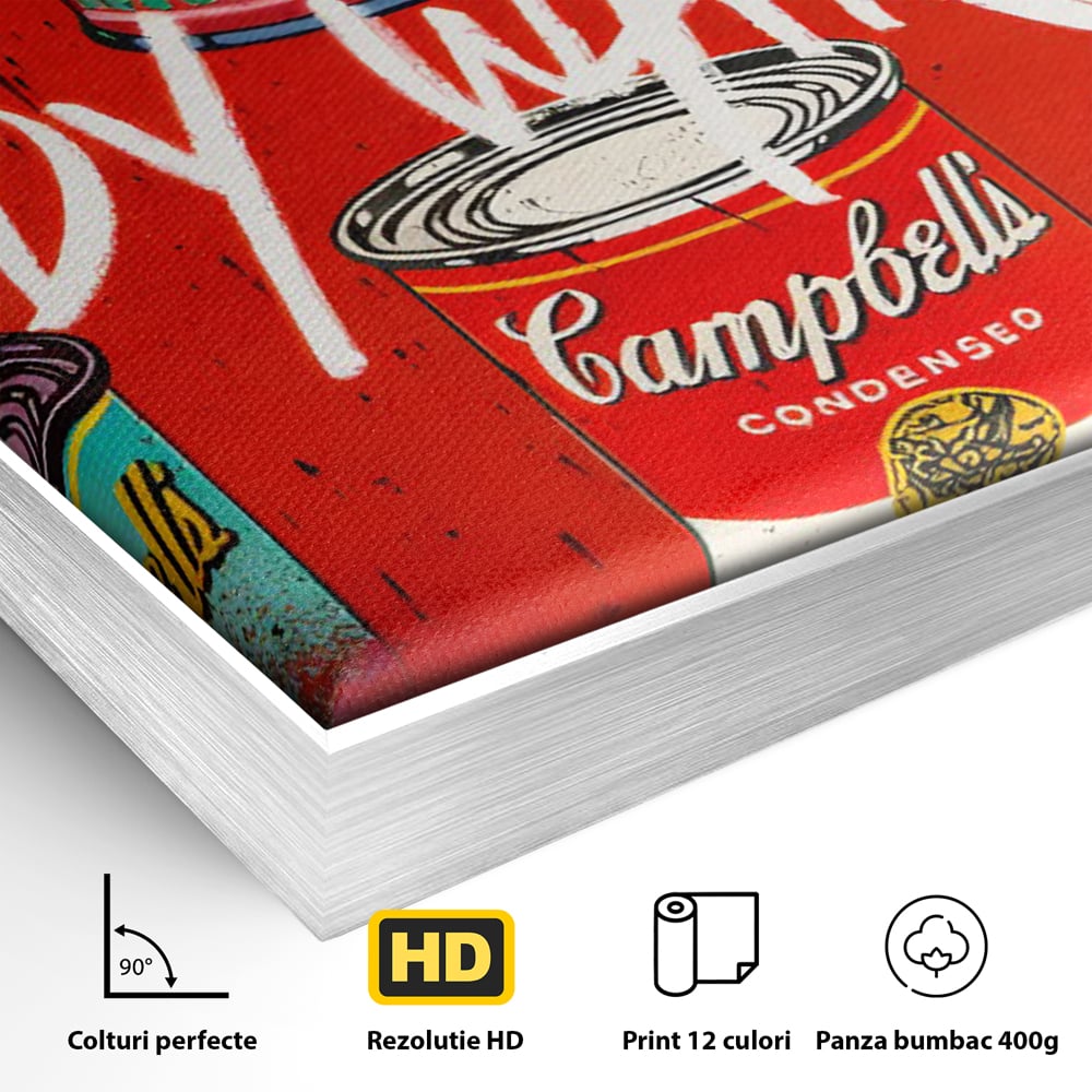 Detaliu al suprafetei: tablou canvas cu cutii de supa, in rama de aluminiu argintiu